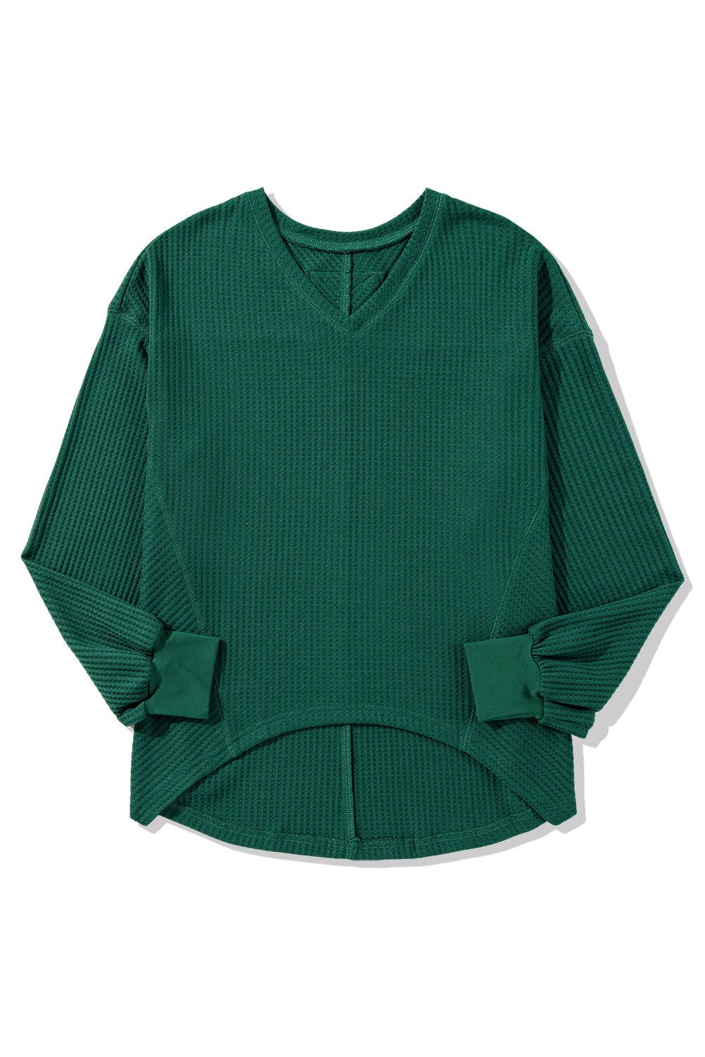 Blackish Green Waffle V Neck Drop Shoulder Loose Top