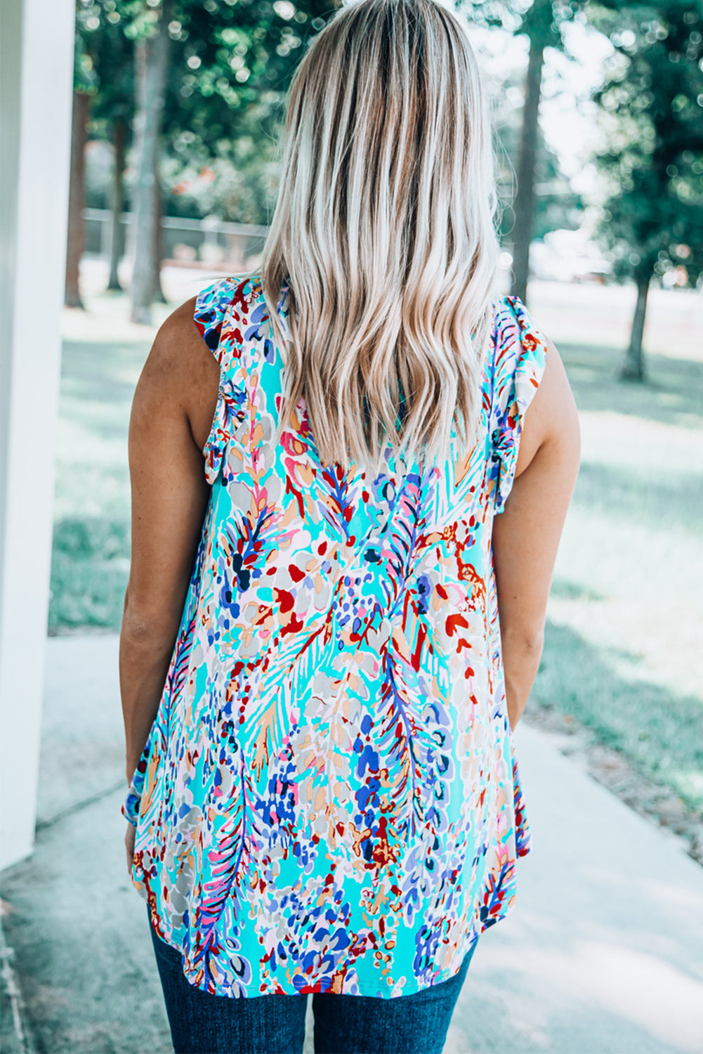 Boho Abstract Print Ruffle Babydoll Sleeveless Shirt