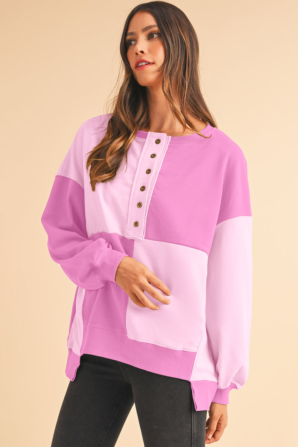 Pink Colorblock High Low Loose Henley Sweatshirt