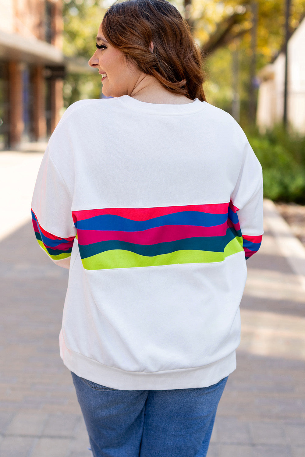 White Colorful Stripe Plus Size Sweatshirt