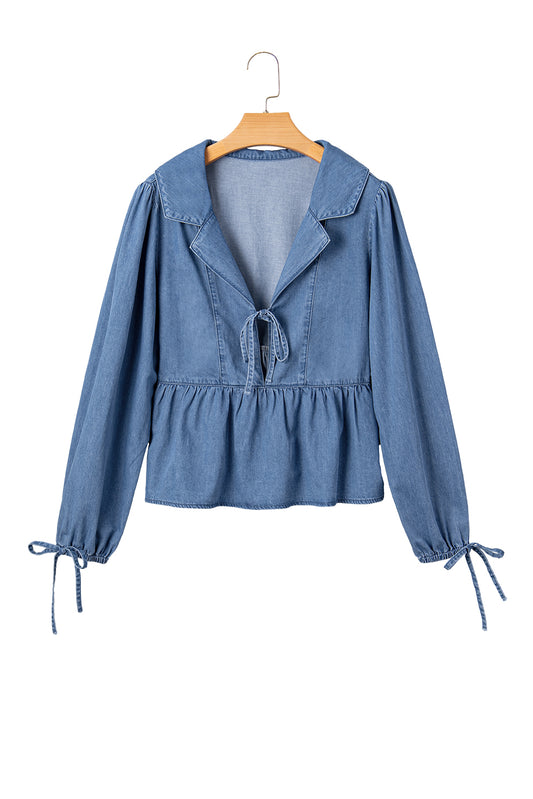 Dusk Blue Denim Lapel Neck Balloon Sleeve Tied Peplum Top