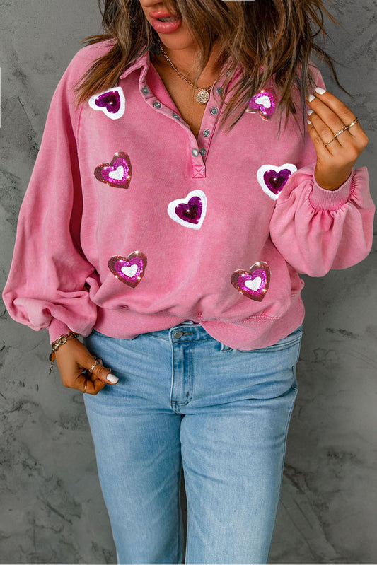 Pink Heart Patched Pattern Lantern Sleeve Snap Button Collar Plus Size Sweatshirt