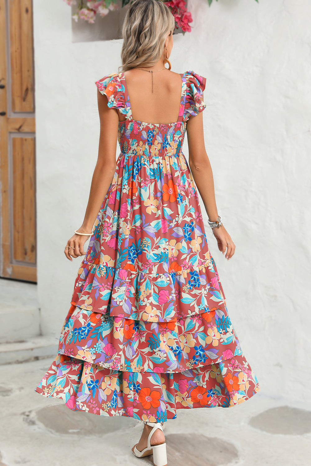 Pink Floral Print Sleeveless Ruffle Tiered Maxi Dress