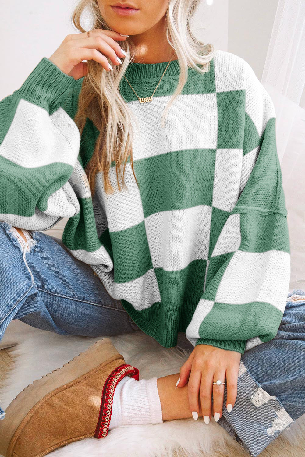 Rose Checkered Bishop Sleeve Pullover Sweater