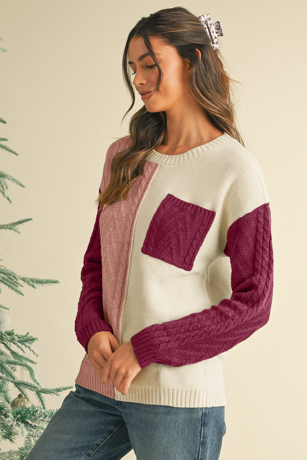 Vineyard Green Colorblock Pocket Drop Shoulder Sweater