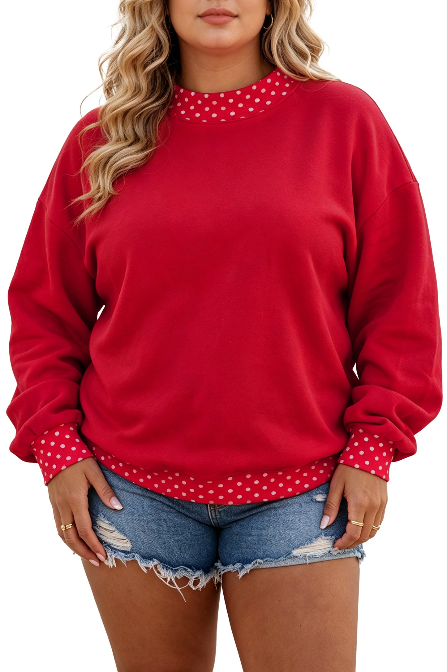 Red Polka Dot Patchwork Round Neck Plus Size Sweatshirt