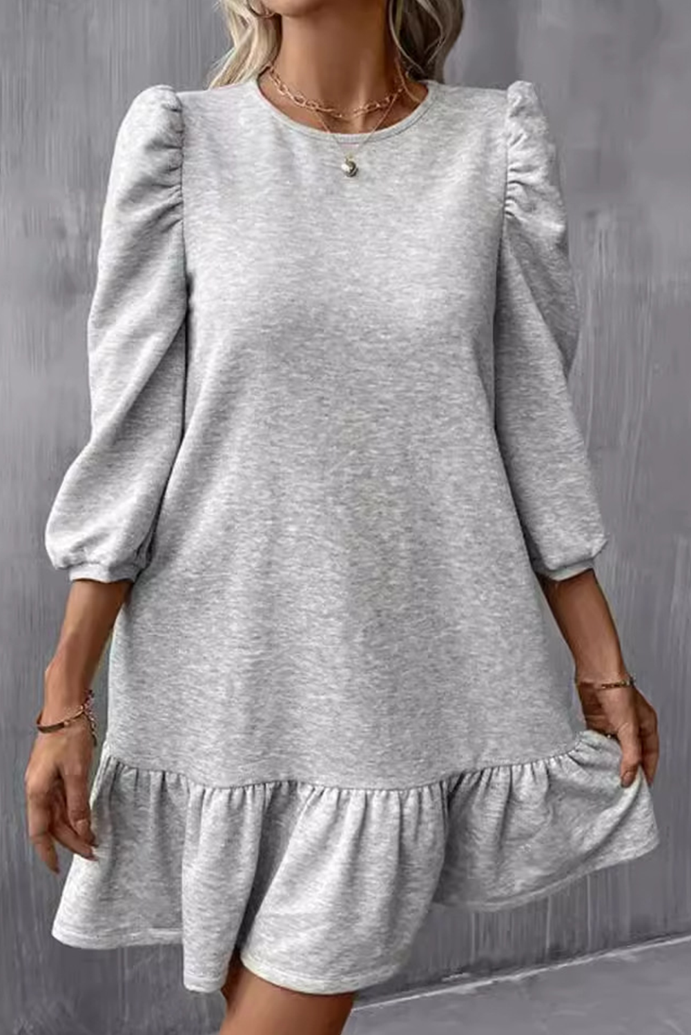 Light Grey Solid Color Ruffle Hem Bracelet sleeve Round Neck Dress