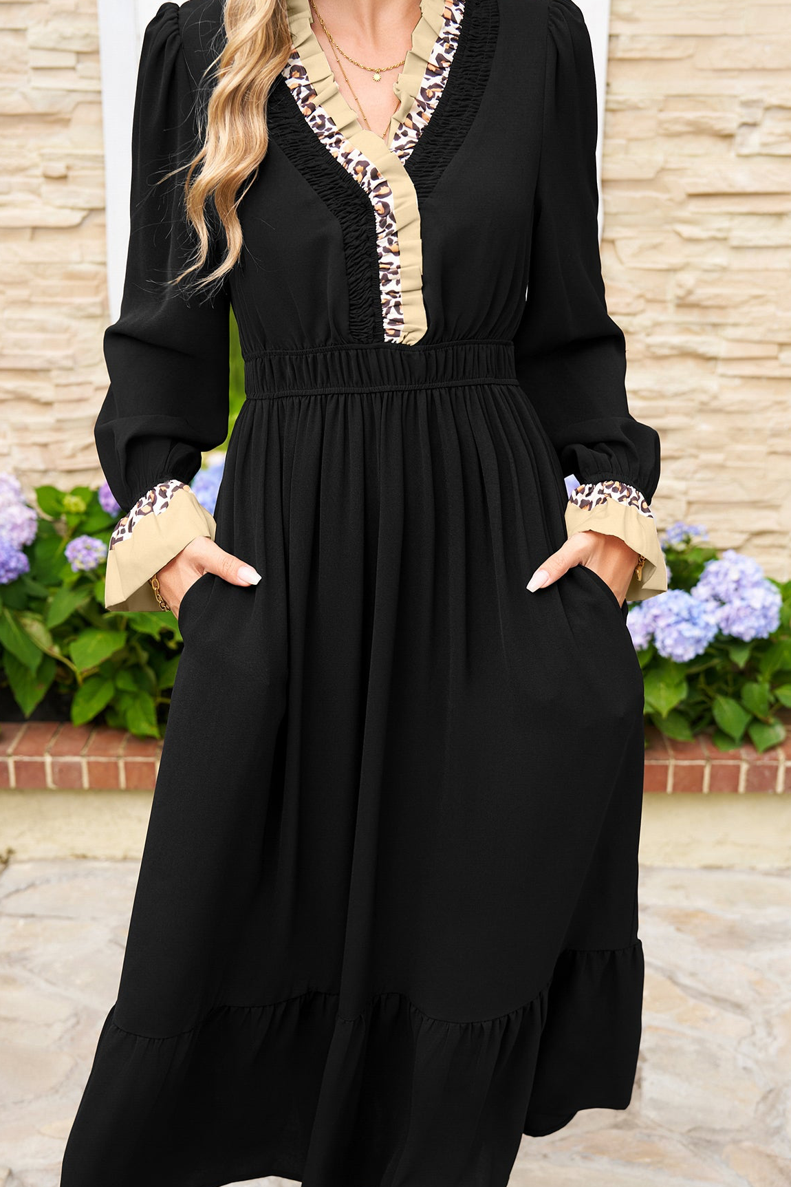 Black Leopard Contrast Color Ruffle Bracelet Sleeve Midi Dress