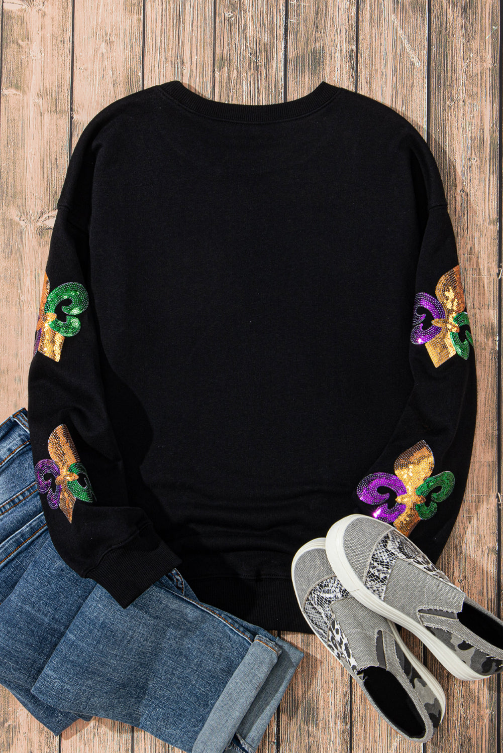 Khaki Sequin MARDI GRAS Graphic Pullover Sweatshirt