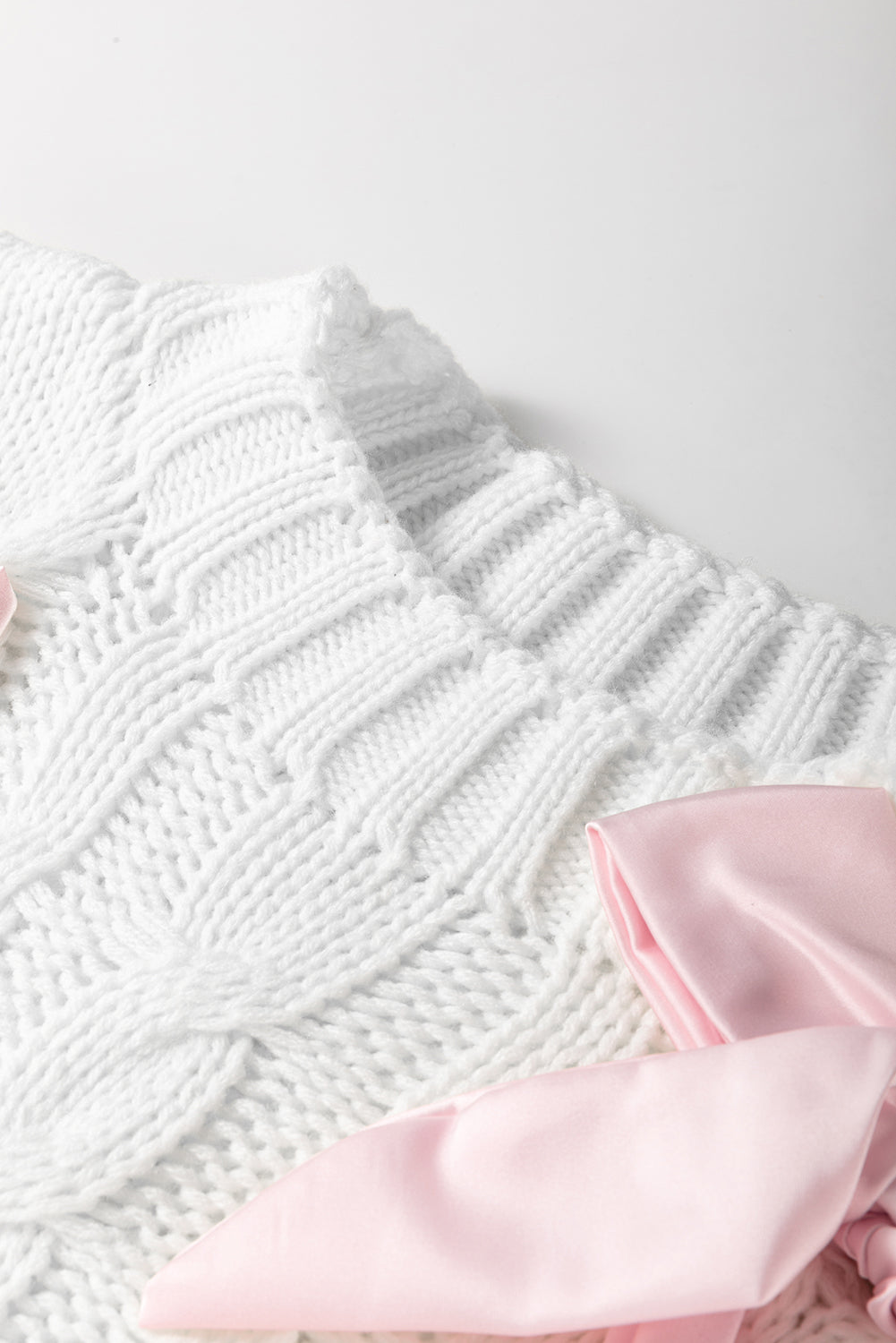 White Sweet Satin Bowknot Cable Knit Top