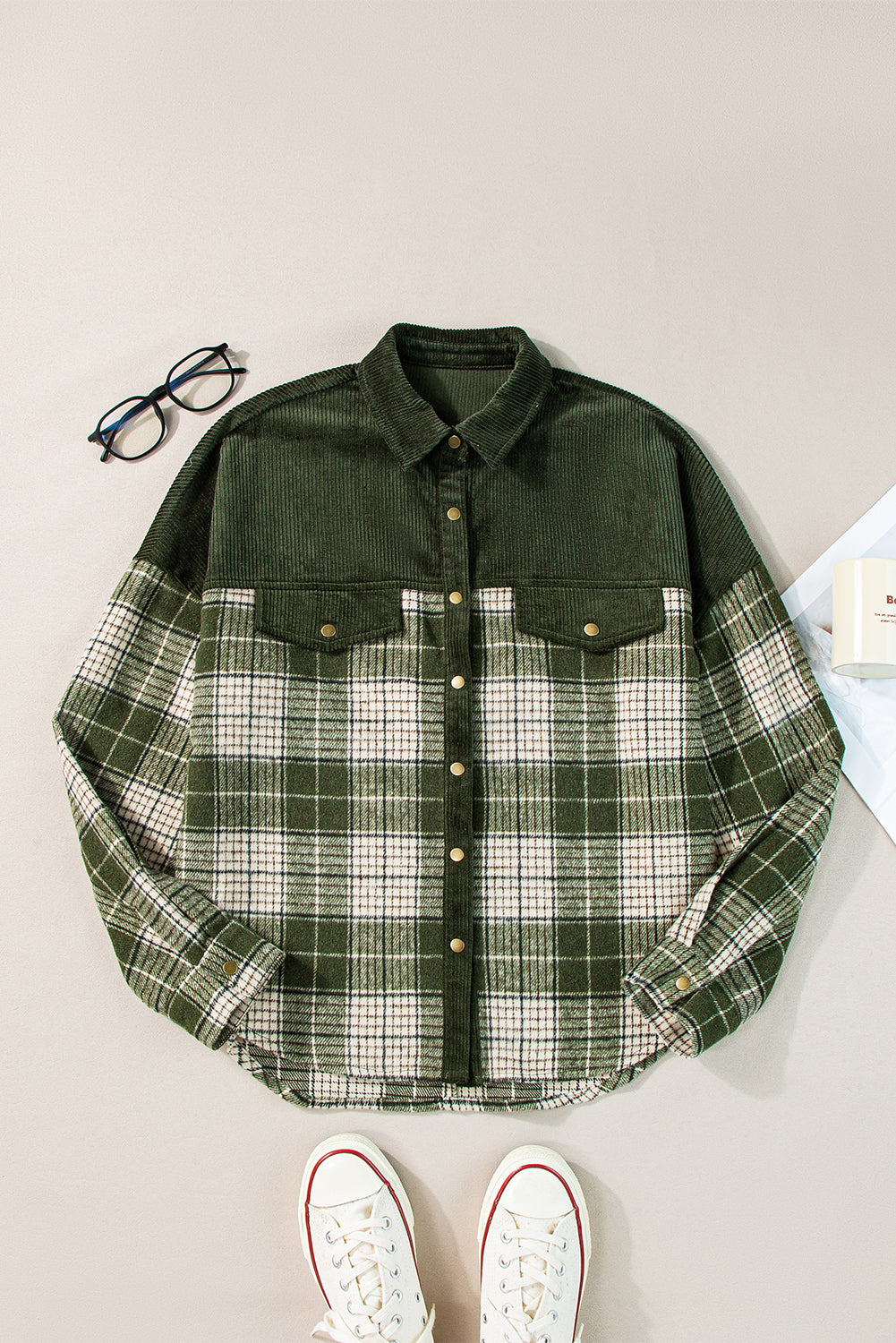 Blackish Green Snap Buttons Patchwork Plaid Shacket