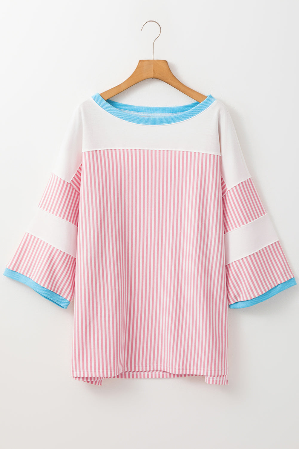 Pink Stripe Patchwork Bracelet Sleeve Plus Size T Shirt