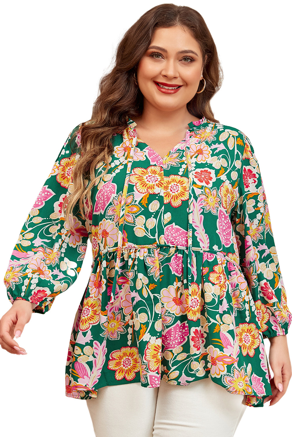 Green Floral Print V Neck Plus Size Babydoll Top