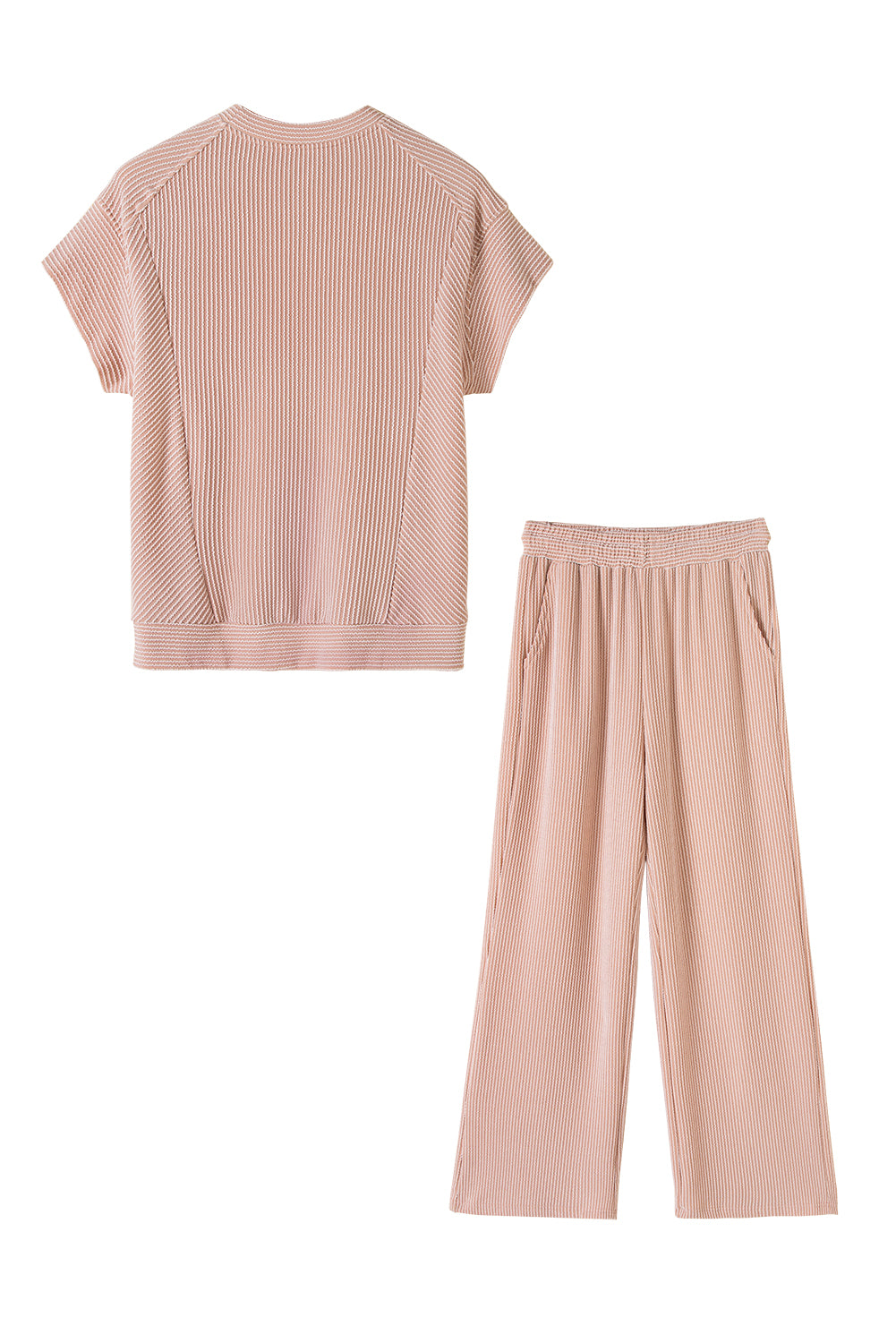 Bright Pink Solid Corded Short Sleeve T Shirt and Wide Leg Pants Set