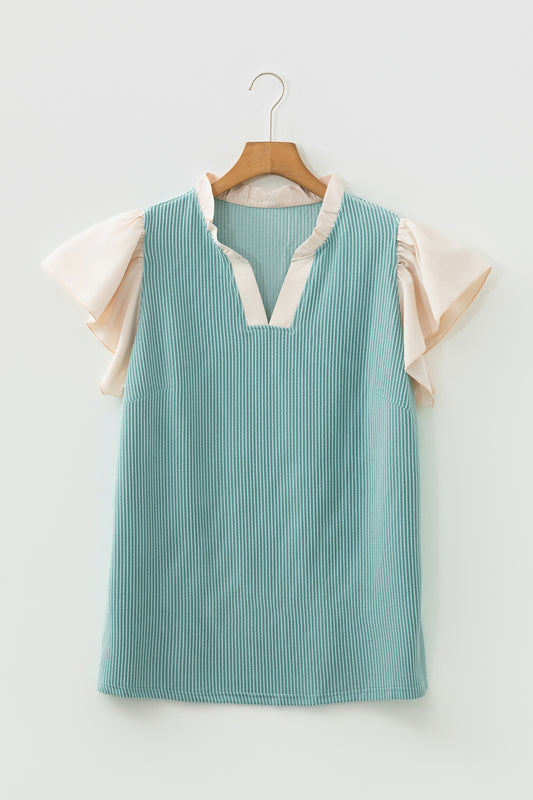 Plus Size Contrast Frilled Neckline Ruffled Short Sleeve Ribbed Textured Blouse