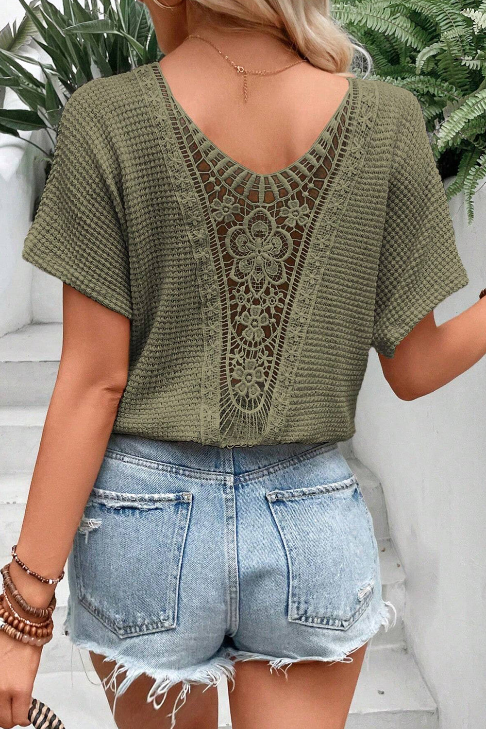 Oatmeal Lace Back Waffle Textured T-shirt