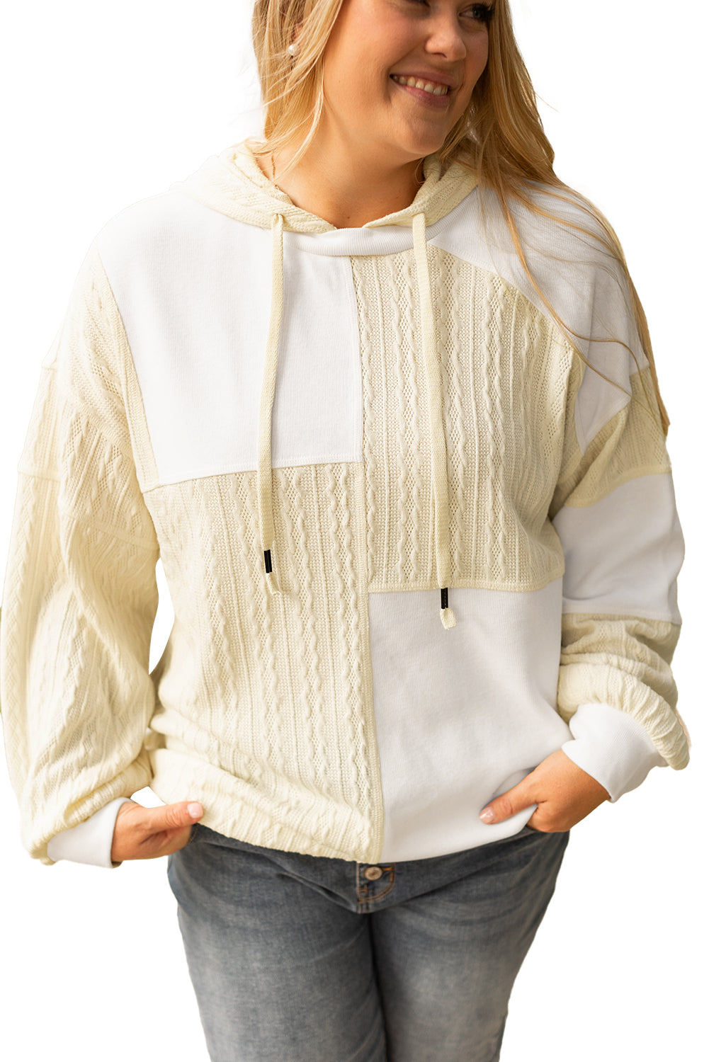 Beige Waffle Textured Patchwork Exposed Seam Plus Size Hoodie