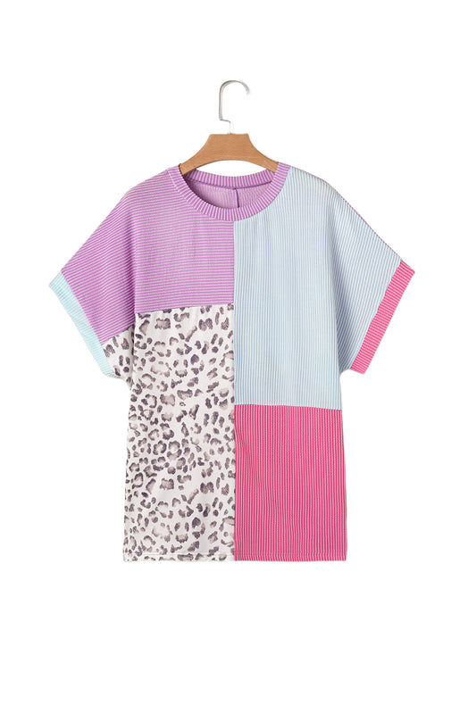 Rose Red Leopard Colorblock Patchwork Corded Plus Size T Shirt