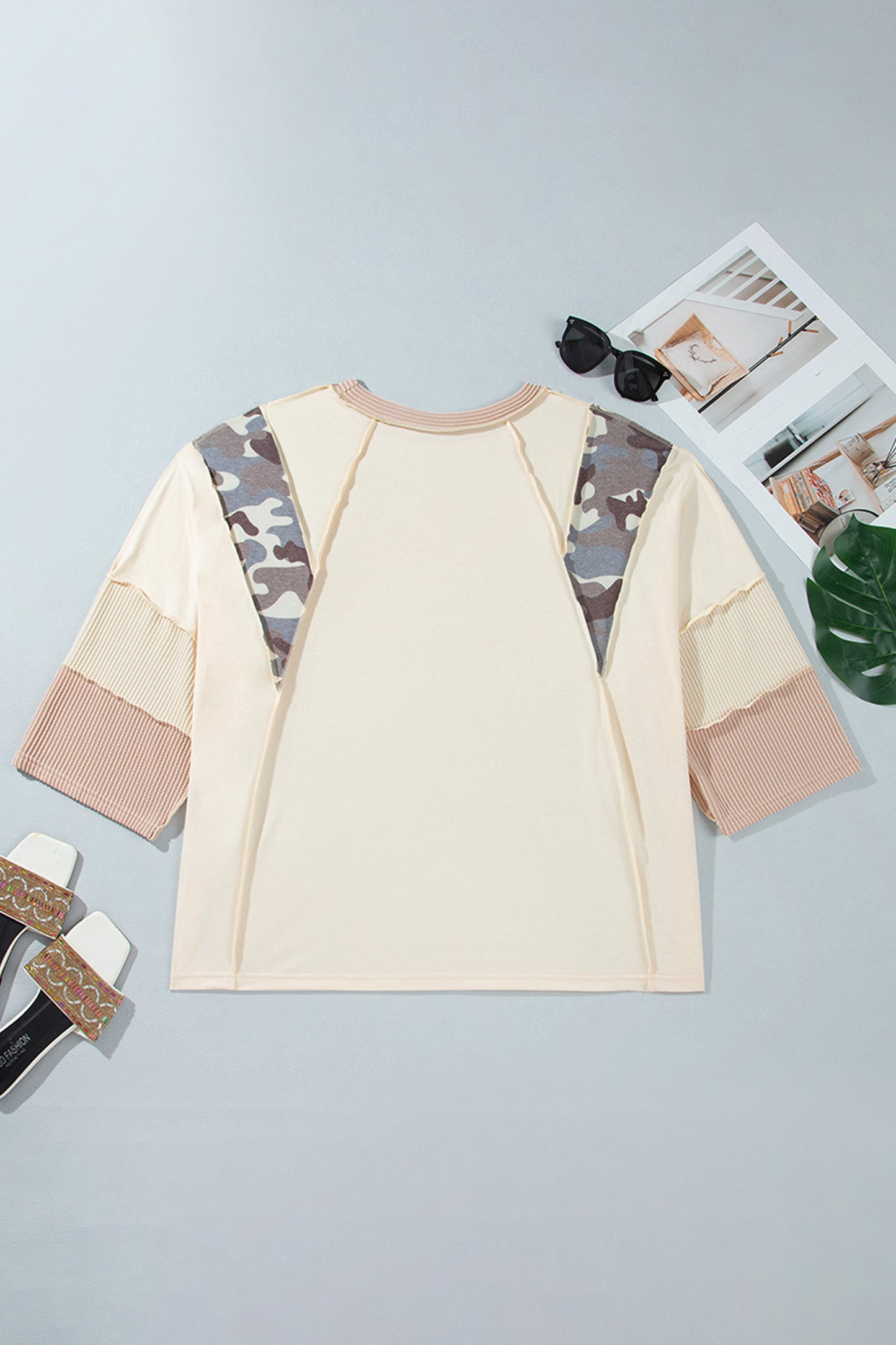 Apricot Camouflage Panel Twist Rib Sleeve Round Neck Loose Fit Plus Size Blouse