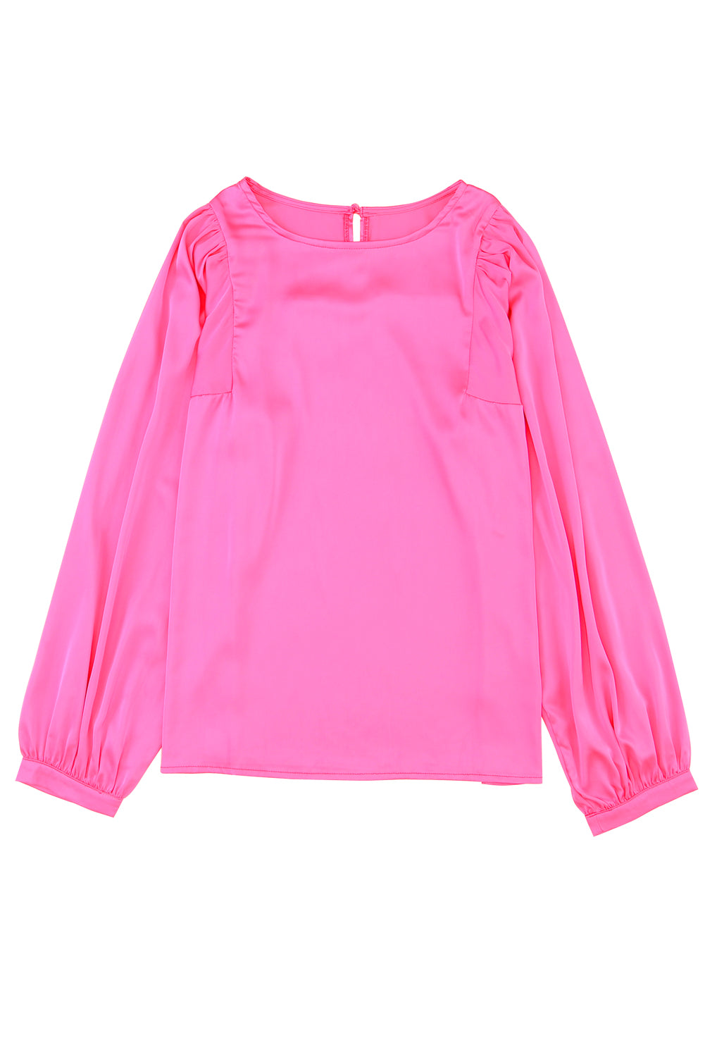 Pink Plain Satin Puff Long Sleeve Crewneck Blouse