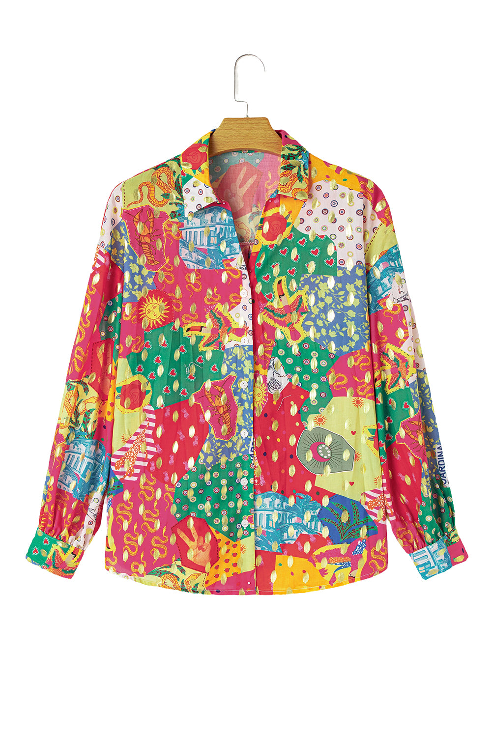 Rose Red Abstract Print Colorblock Long Sleeve Shirt