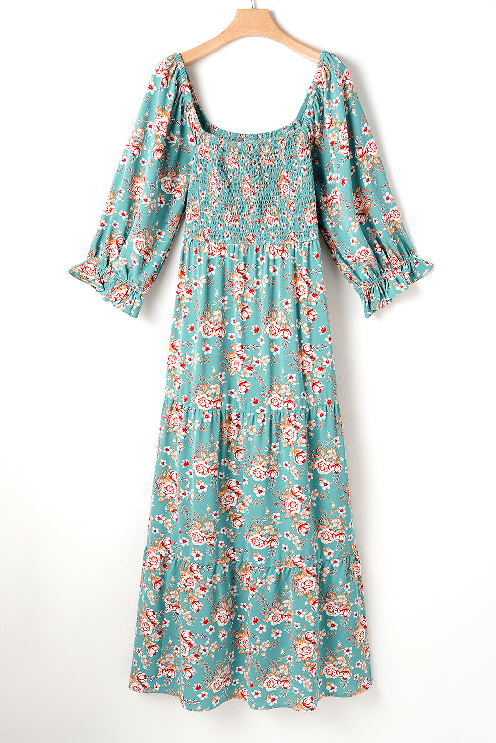 Green Plus Size Floral Print Smocked Tiered Maxi Dress