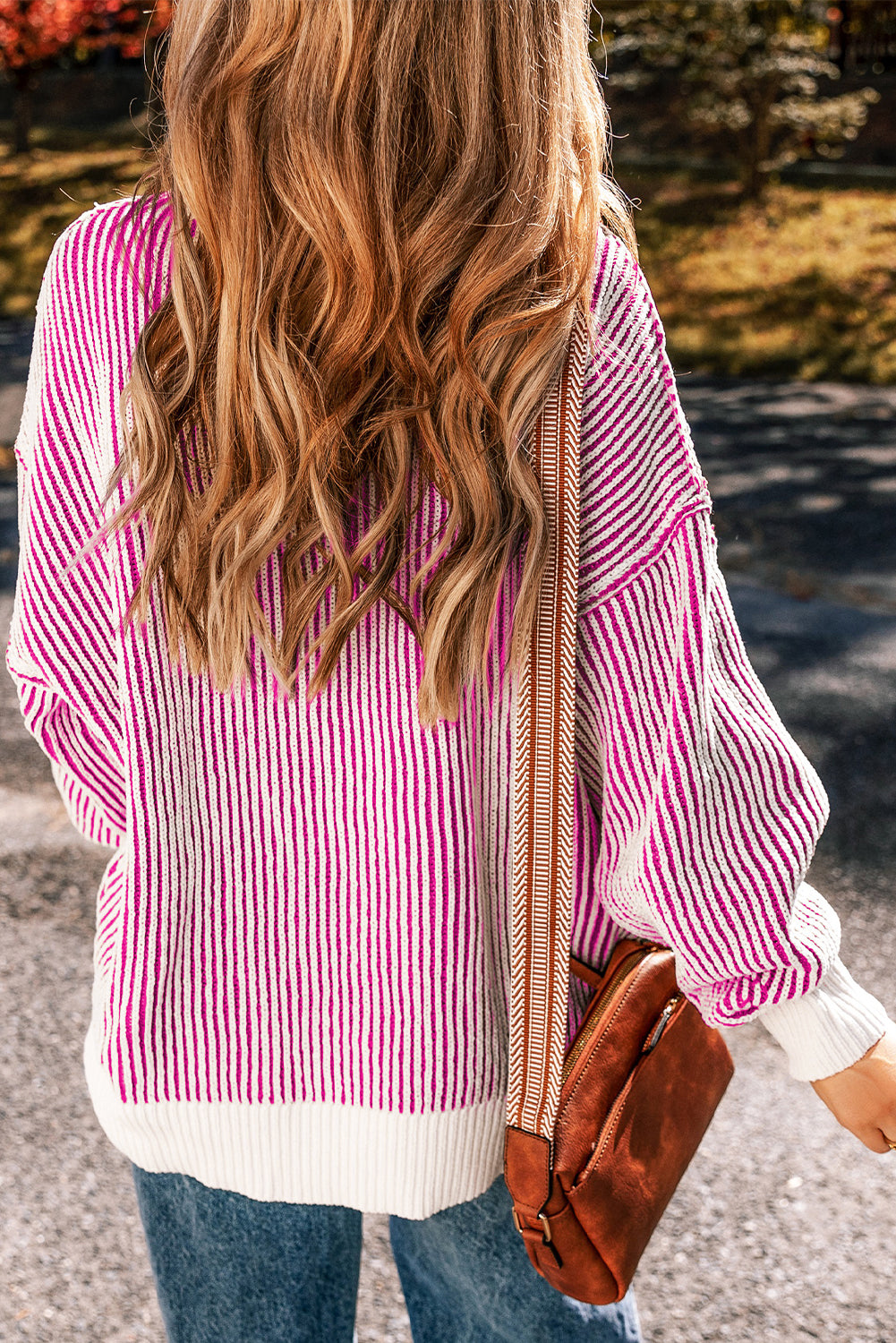 Chestnut Striped Contrast Trim Loose Sweater