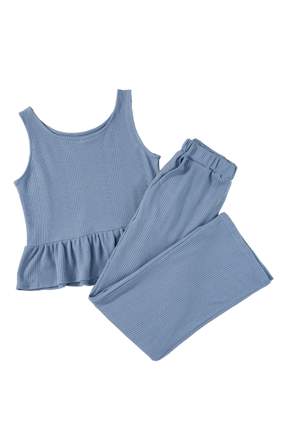 Black Solid Color Ribbed Ruffle Tank Top and Pants Set