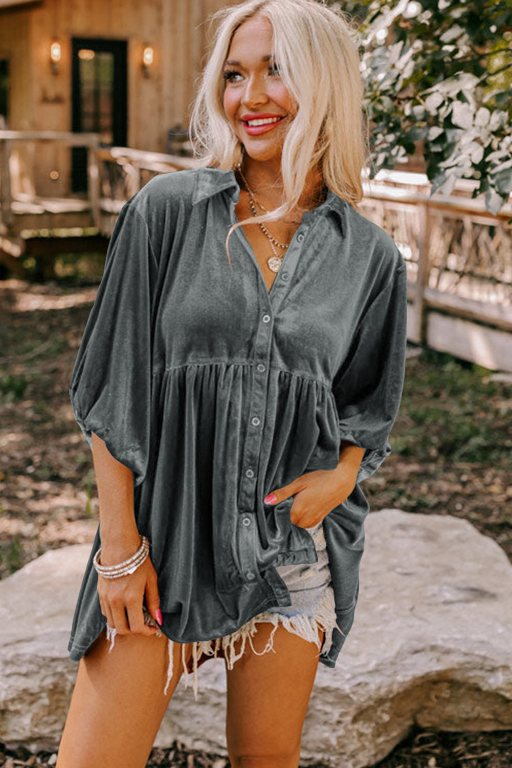 Khaki Lantern Sleeve Tunic Babydoll Velvet Shirt