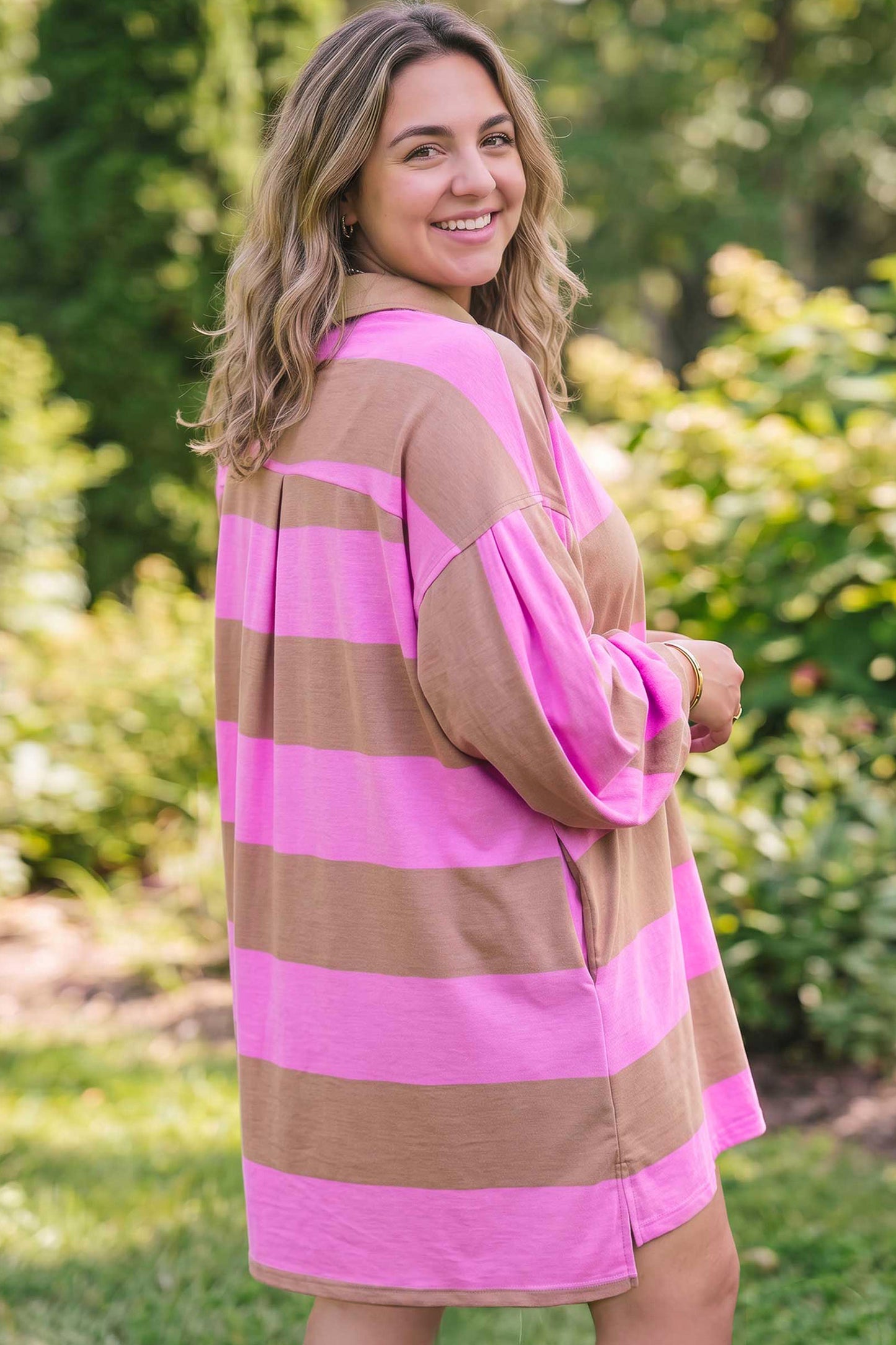 Rose Stripe Striped Colorblock Long Sleeve V Neck Shift Plus Size Dress