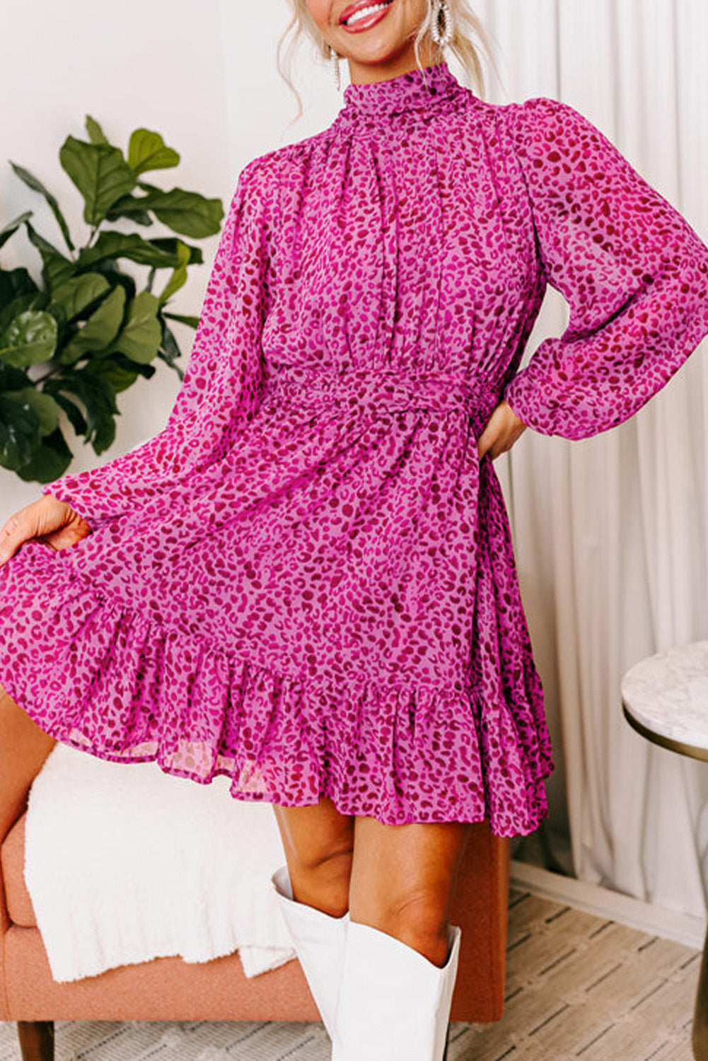 Rose Leopard Puff Sleeve High Neck Ruffle Mini Dress