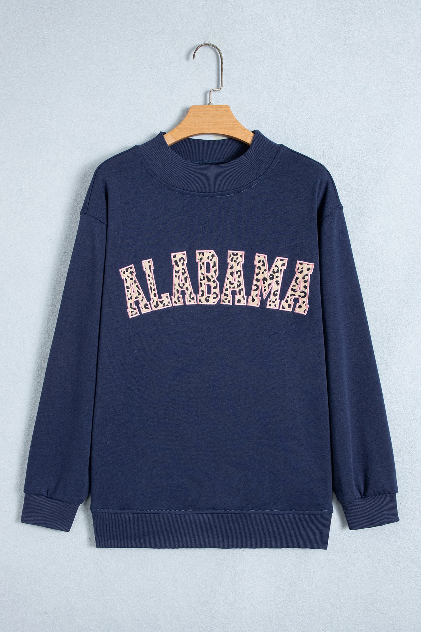 Dirty blue Embroidered Leopard Alabama High Neck Long Sleeve Tunic Sweatshirt