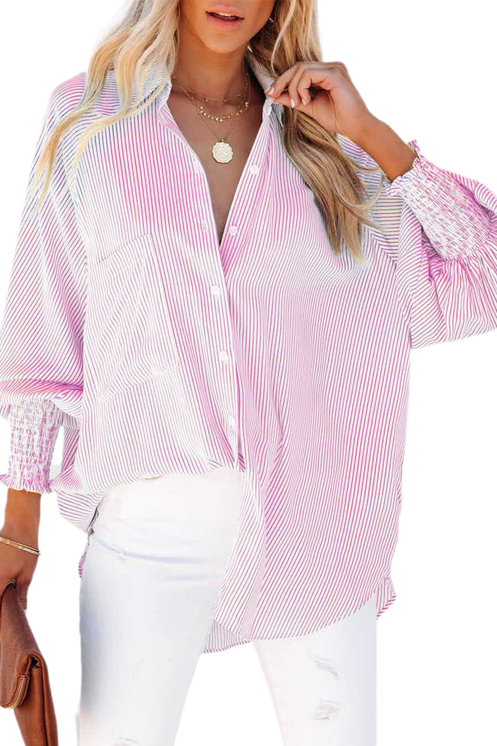 Pink Striped Casual Shirred Cuffs Shirt