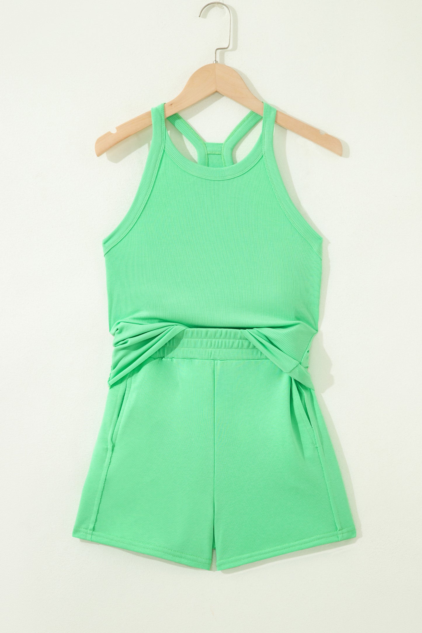 Sky Blue Slim Tank Top Elastic High Waist Shorts 2pcs Outfit