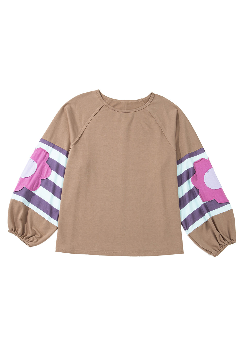 Light French Beige Flower Striped Patchwork Sleeve Plus Size Sweatshirt