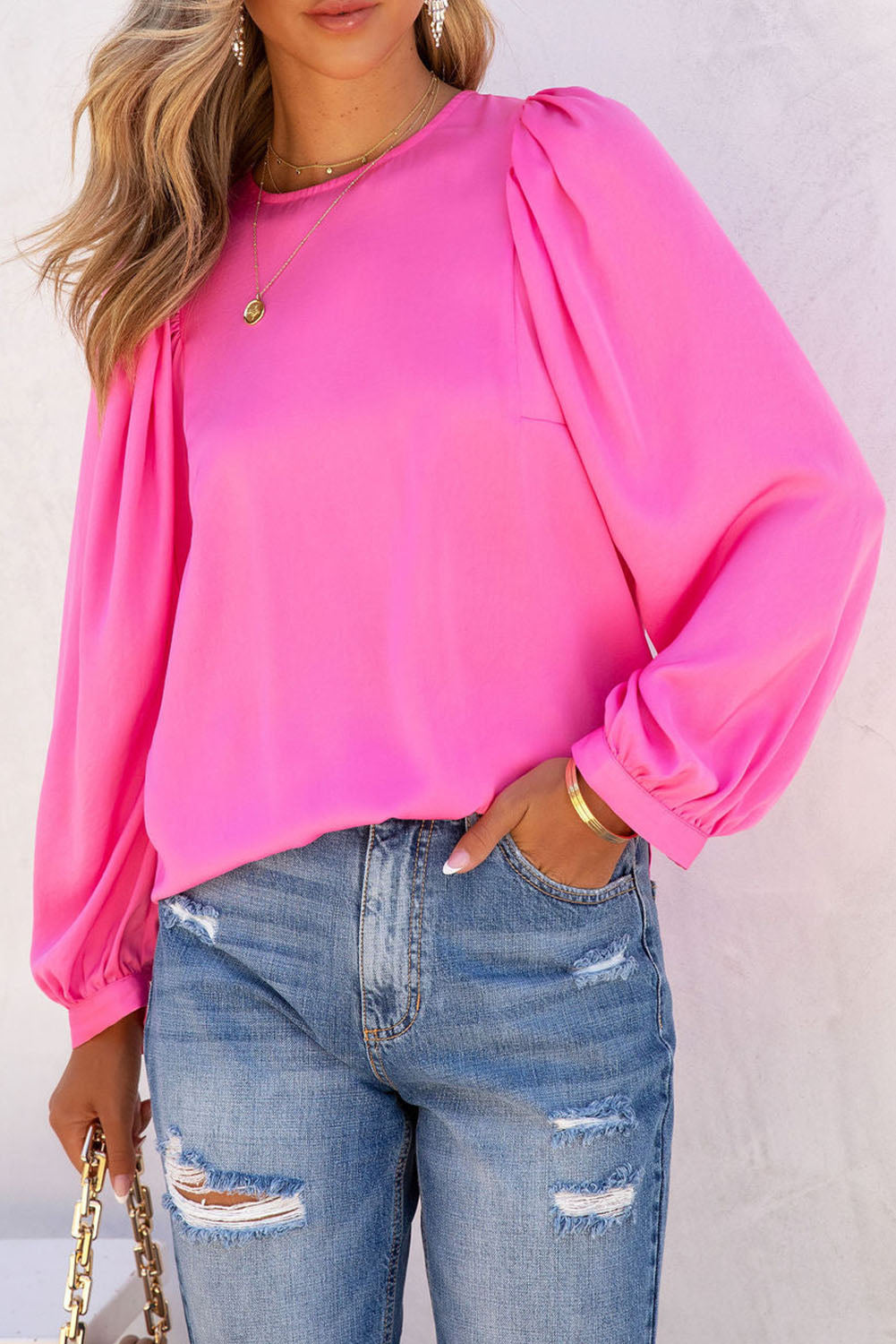 Pink Plain Satin Puff Long Sleeve Crewneck Blouse