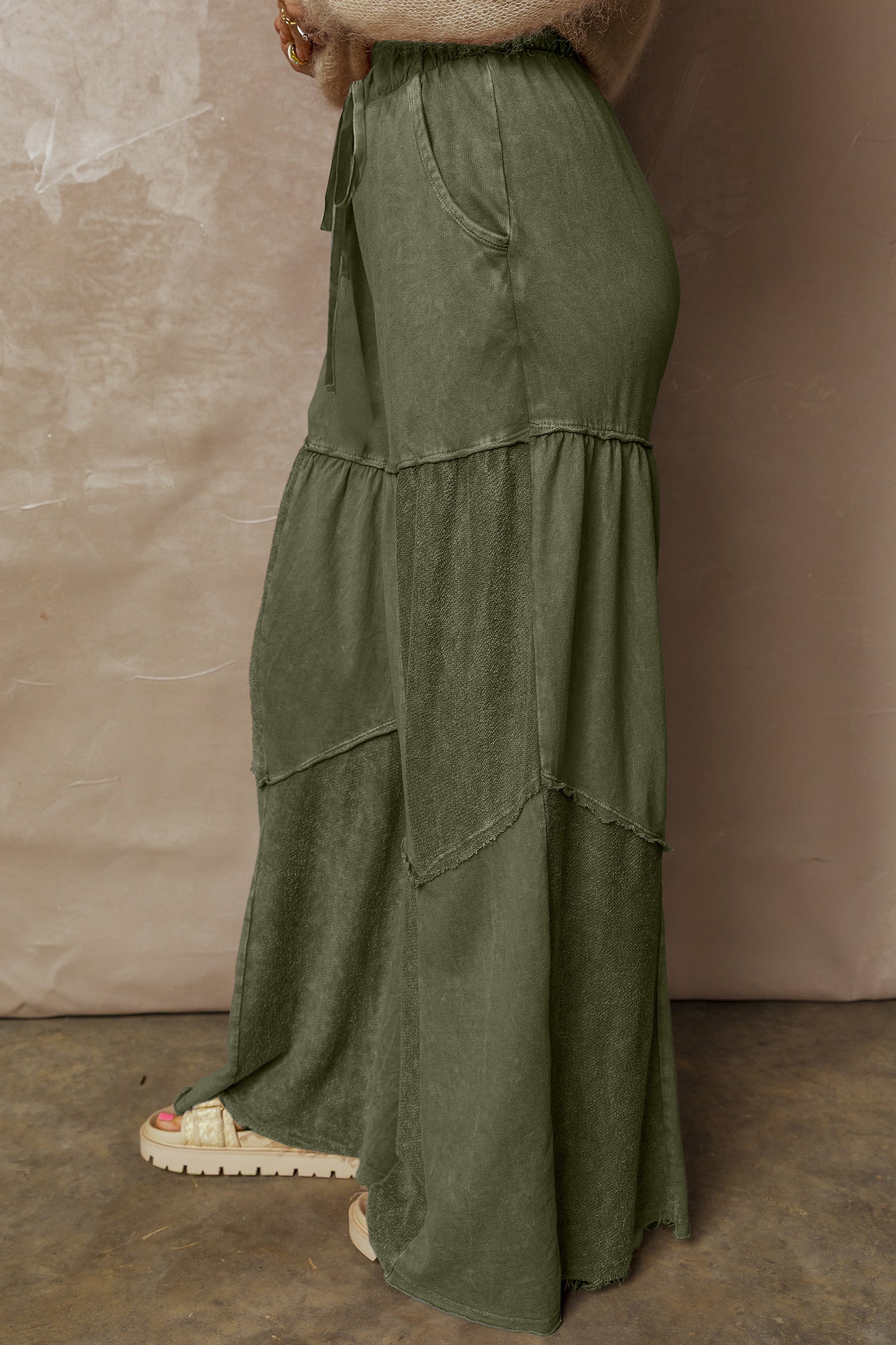 Vineyard Green Mineral Wash Tiered Wide Leg Patchwork Drawstring Pants
