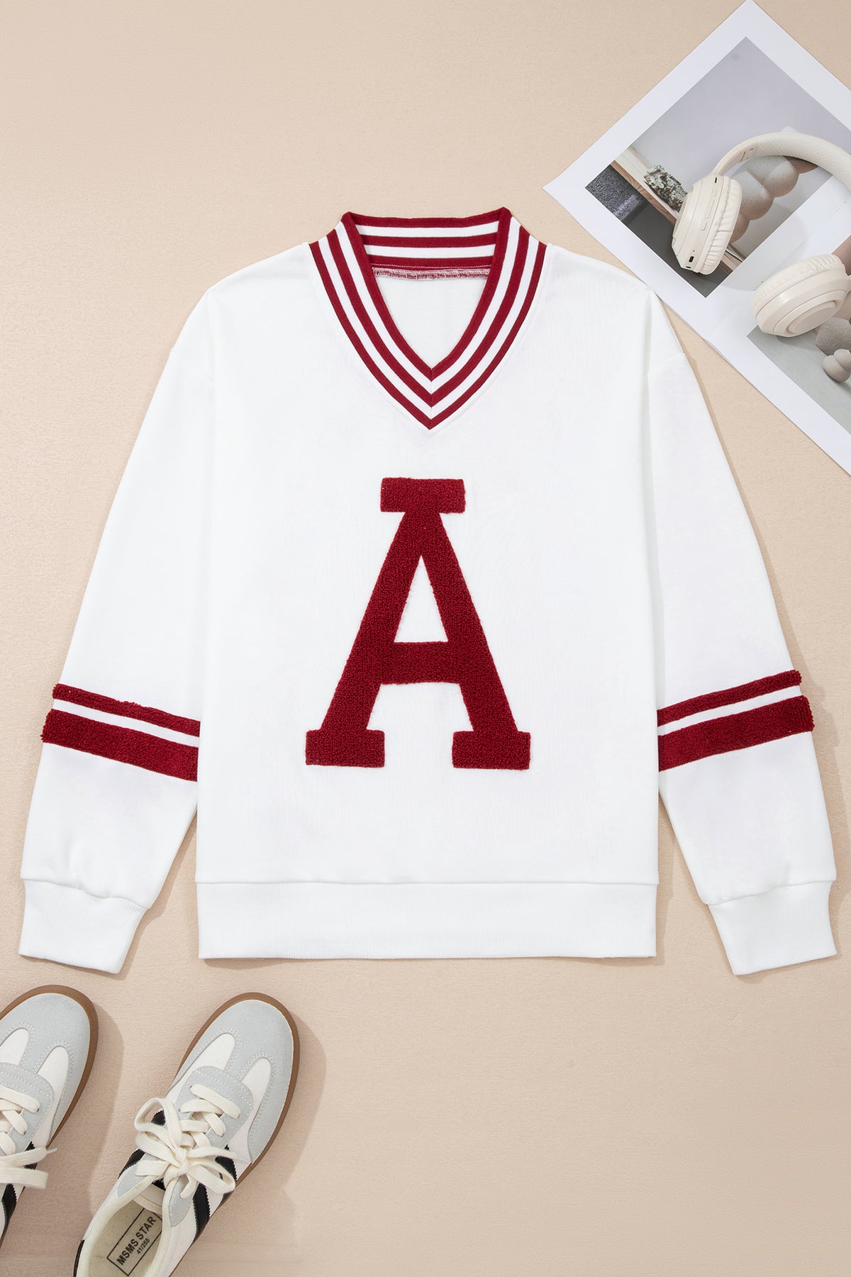 Red Dahlia Chenille Letter A Graphic Varsity Striped V Neck Puff Sleeve Sweatshirt