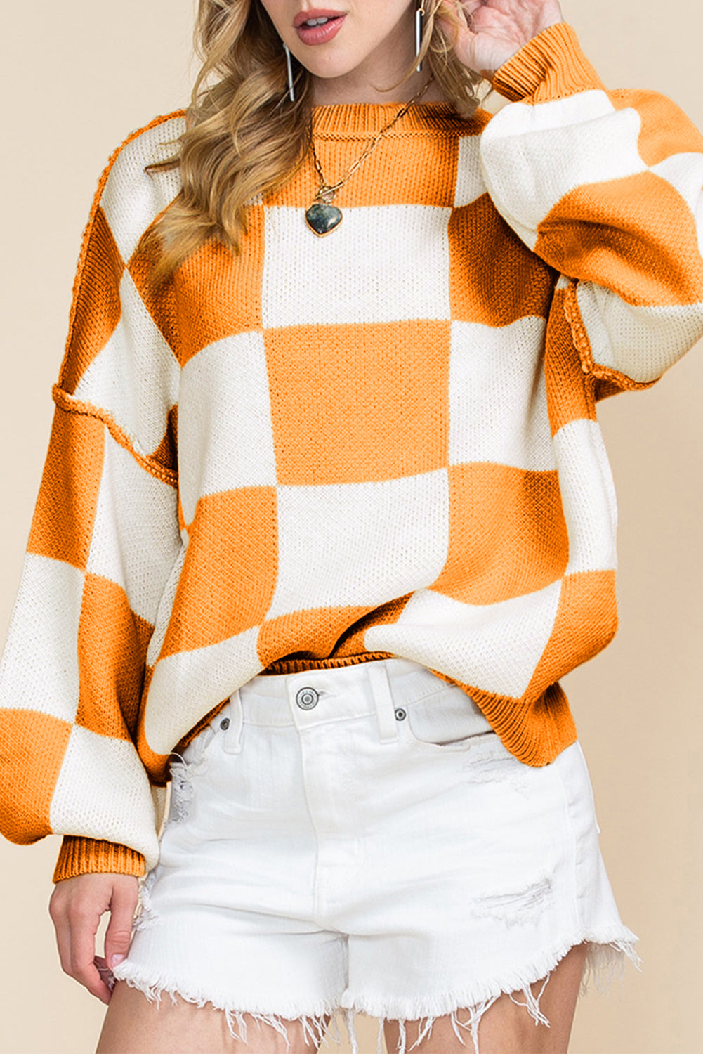 Rose Checkered Bishop Sleeve Pullover Sweater