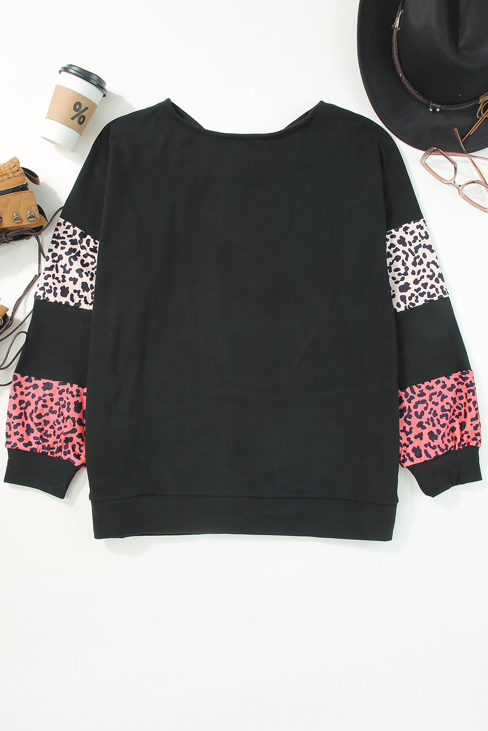 Black Plus Size Leopard Patchwork Strappy Neck Top