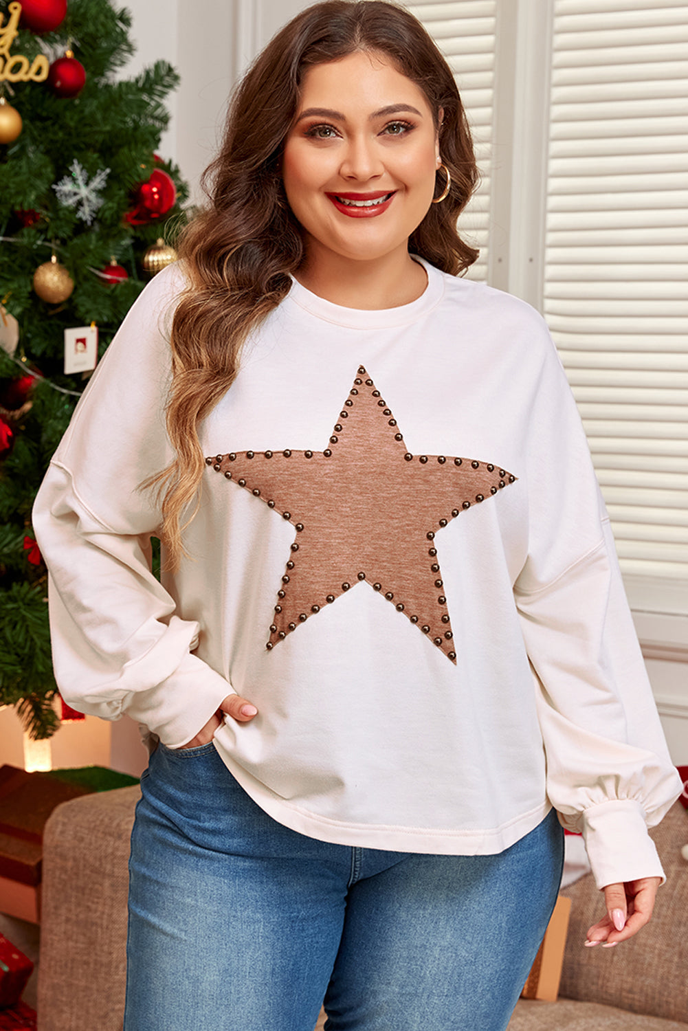 Beige Star Pattern Studded Crew Neck Plus Size Top