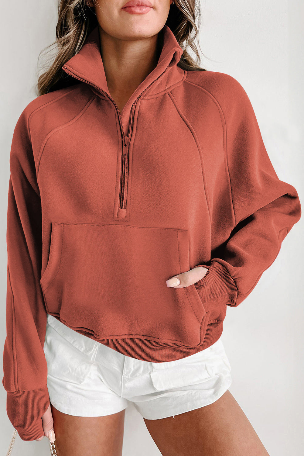 Green Zip Up Stand Collar Ribbed Thumbhole Sleeve Sweatshirt