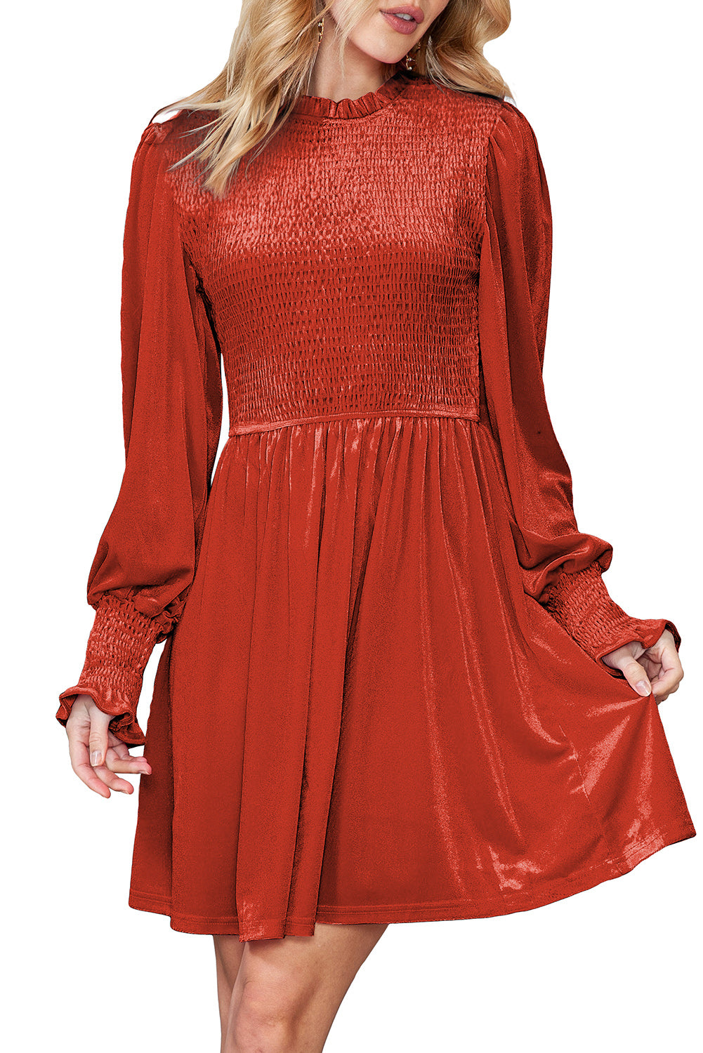 Rose Red Smocked Lantern Sleeve Frilled Velvet Dress