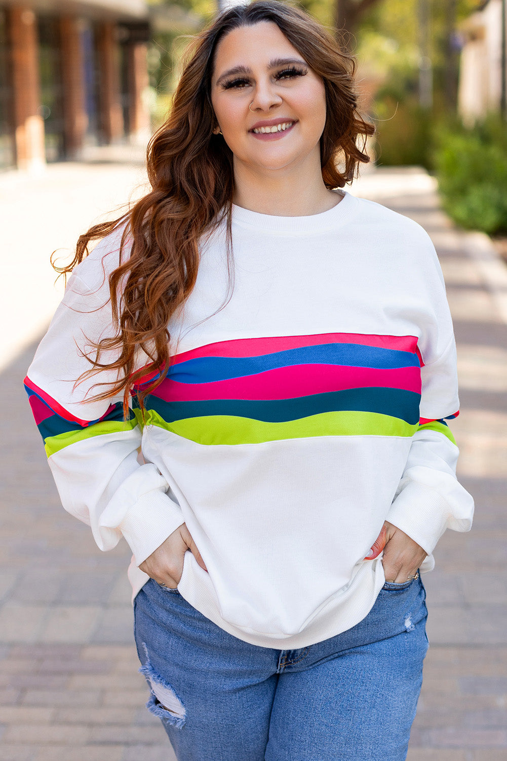 White Colorful Stripe Plus Size Sweatshirt