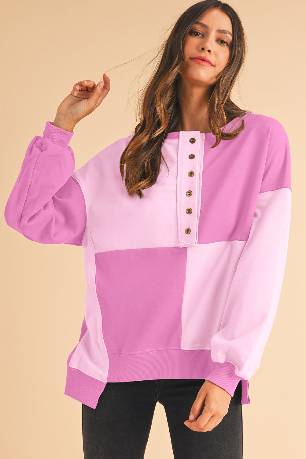 Pink Colorblock High Low Loose Henley Sweatshirt